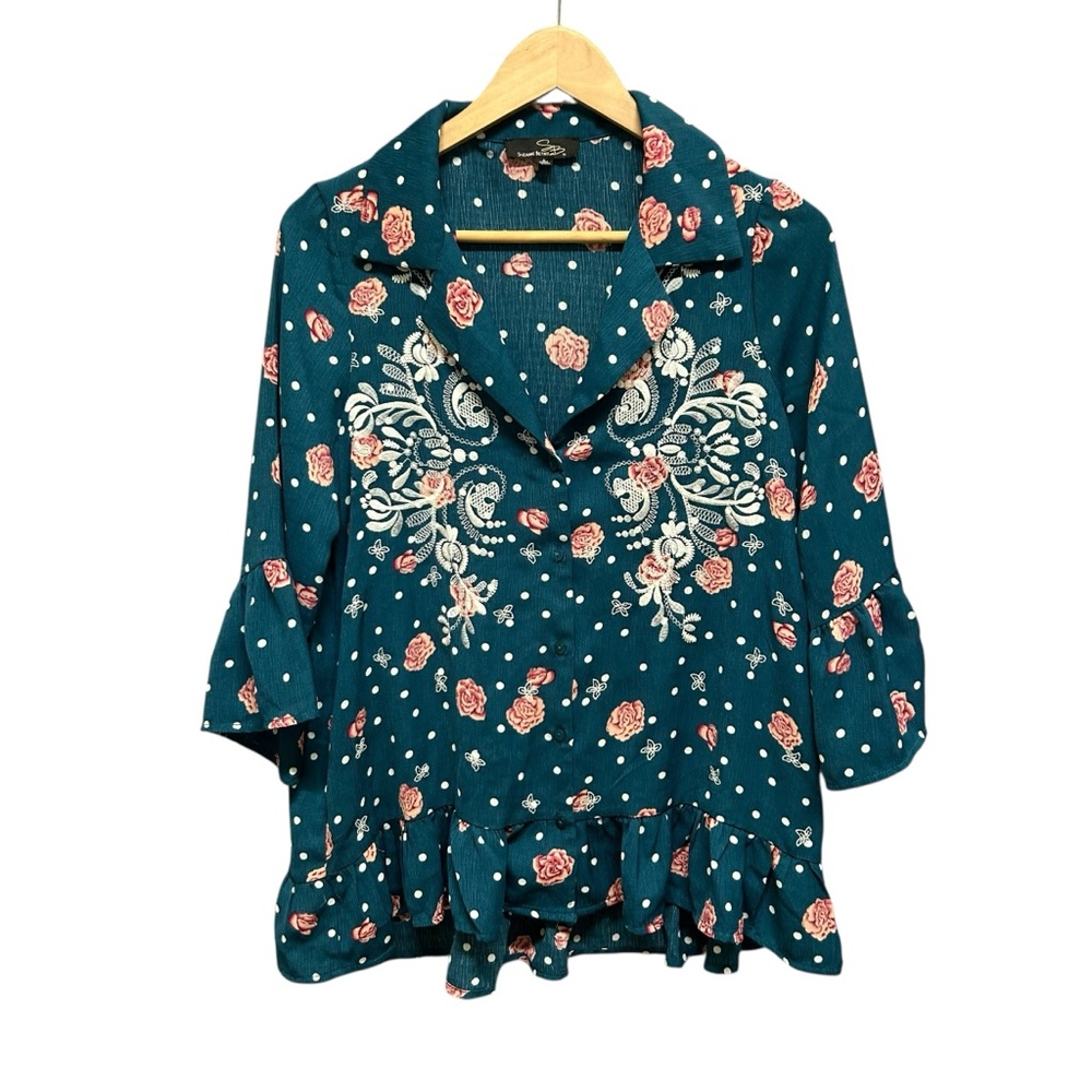 Suzanne Betro Button Front Embroidered Floral Blouse Size S